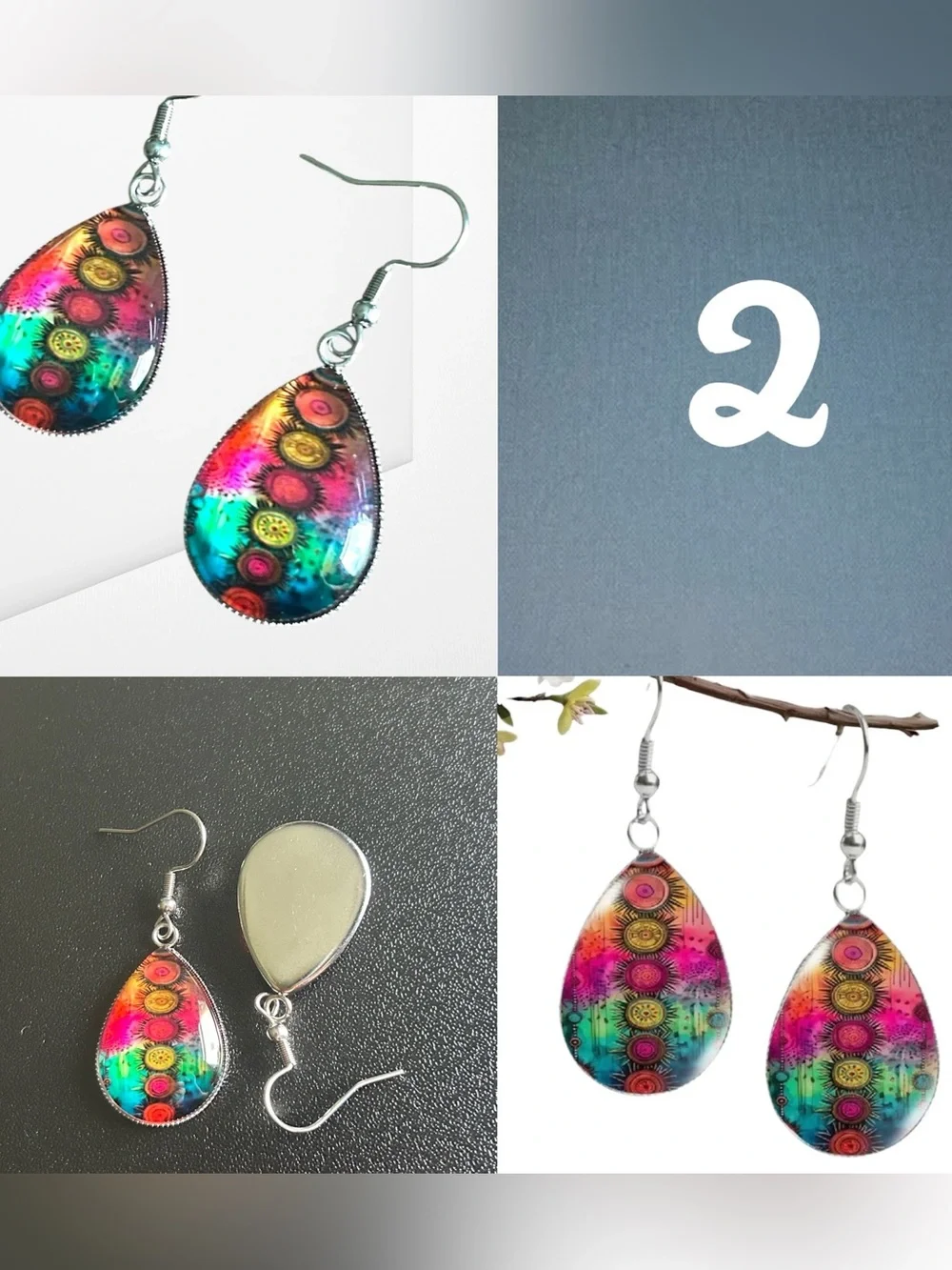 Glass Dome Teardrop Dangle Earrings Floral & Abstract Watercolor Cabochon Design